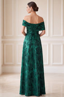 Load image into Gallery viewer, Dark Green A Line Floral Ruched Off the Shoulder Long Mother of the Bride Dress