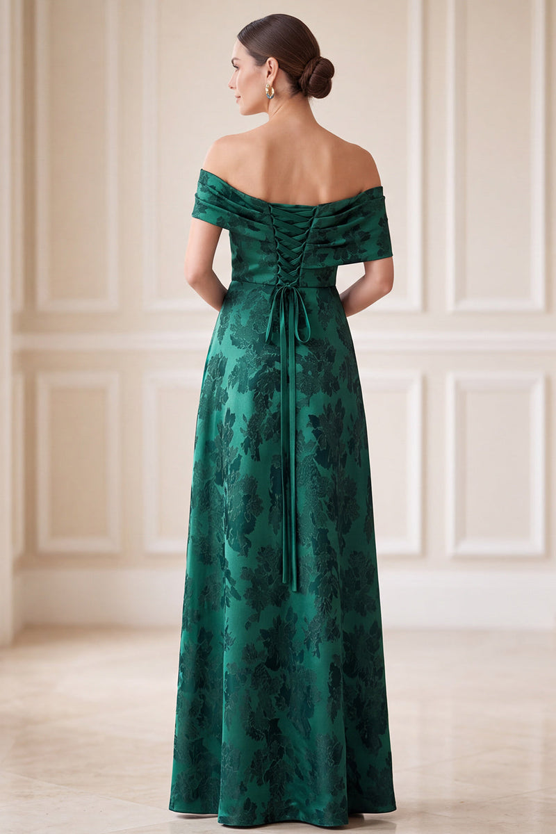 Load image into Gallery viewer, Dark Green A Line Floral Ruched Off the Shoulder Long Mother of the Bride Dress