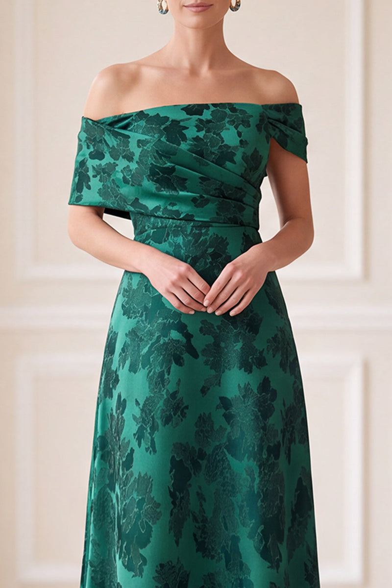 Load image into Gallery viewer, Dark Green A Line Floral Ruched Off the Shoulder Long Mother of the Bride Dress