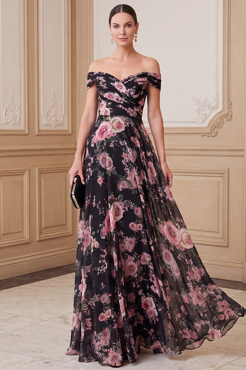 Load image into Gallery viewer, A Line Black Pink Flower Ruched Off the Shoulder Long Mother of the Bride Dress