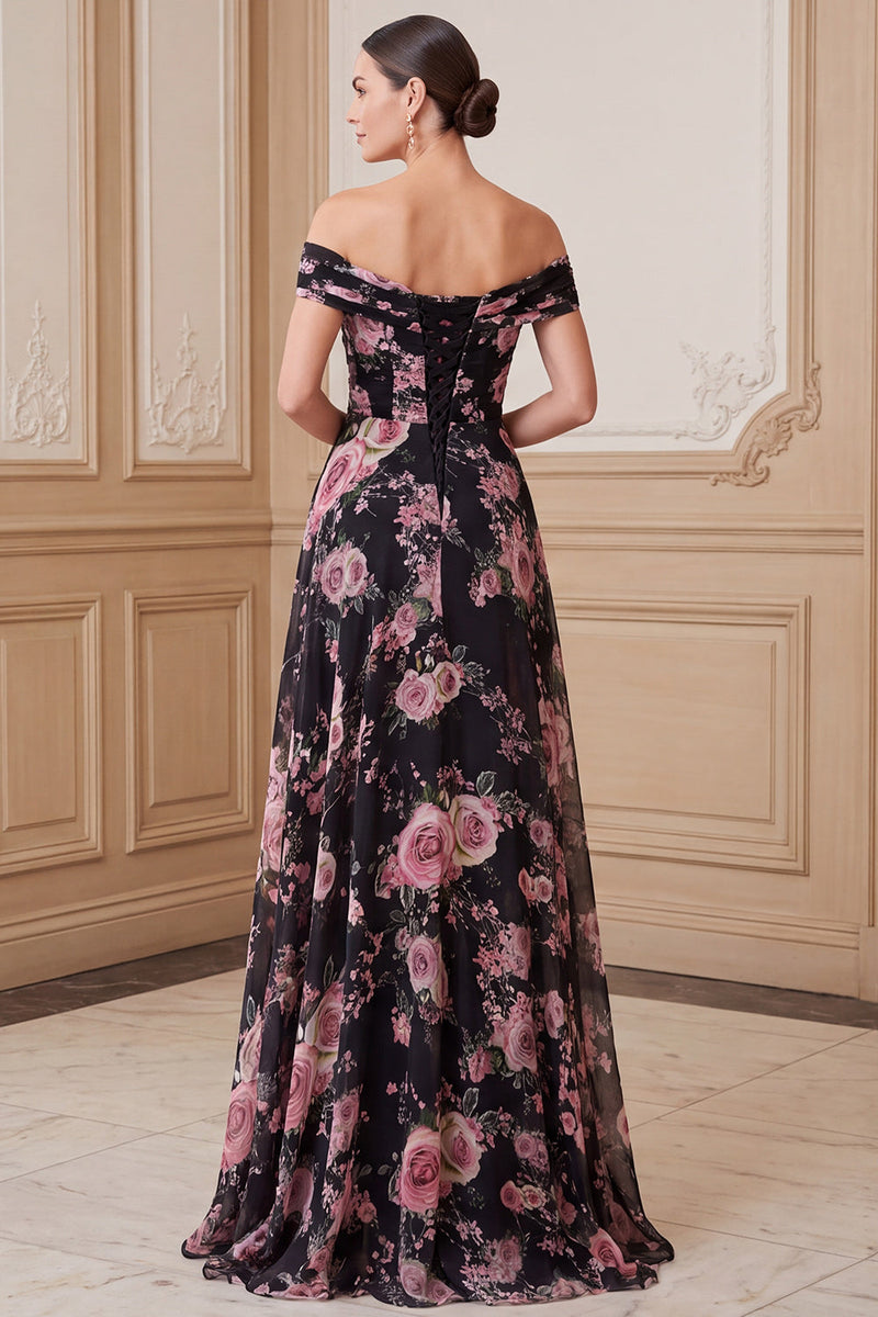 Load image into Gallery viewer, A Line Black Pink Flower Ruched Off the Shoulder Long Mother of the Bride Dress