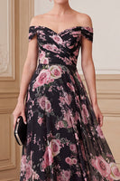 Load image into Gallery viewer, A Line Black Pink Flower Ruched Off the Shoulder Long Mother of the Bride Dress