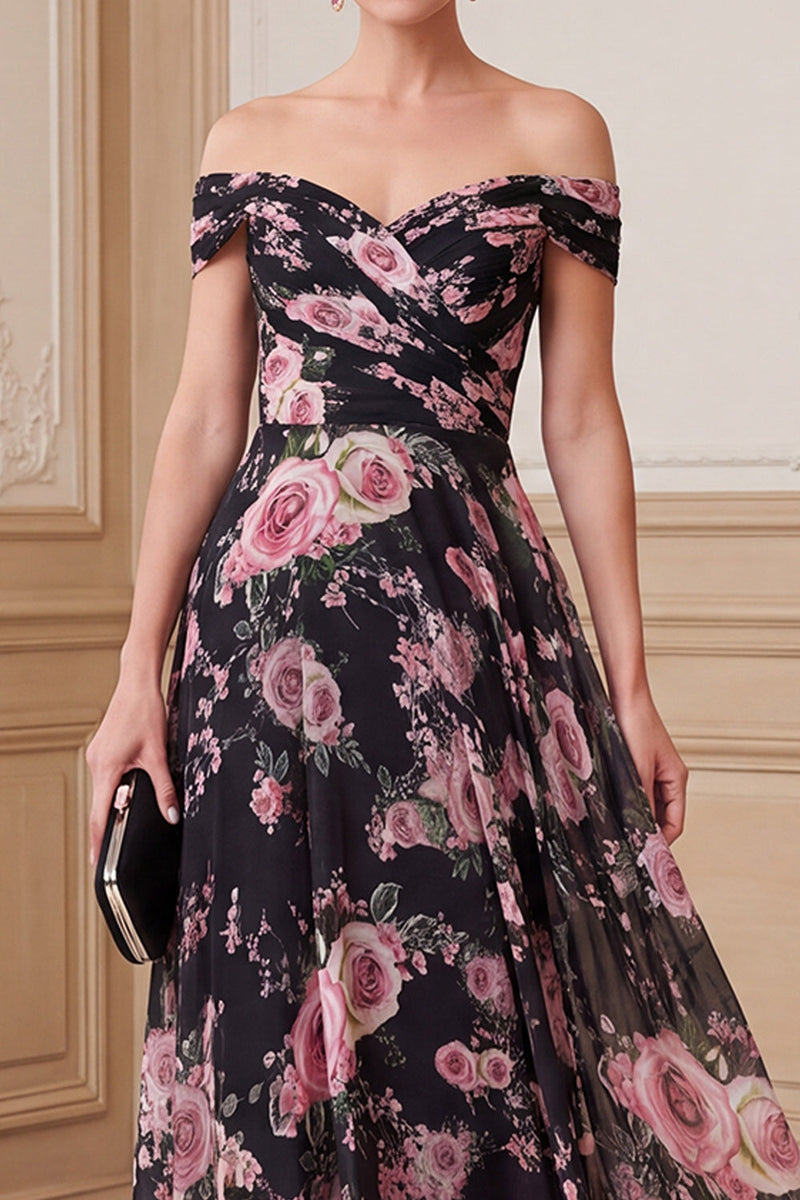 Load image into Gallery viewer, A Line Black Pink Flower Ruched Off the Shoulder Long Mother of the Bride Dress