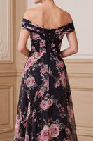 Load image into Gallery viewer, A Line Black Pink Flower Ruched Off the Shoulder Long Mother of the Bride Dress