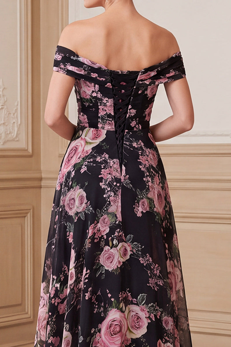 Load image into Gallery viewer, A Line Black Pink Flower Ruched Off the Shoulder Long Mother of the Bride Dress