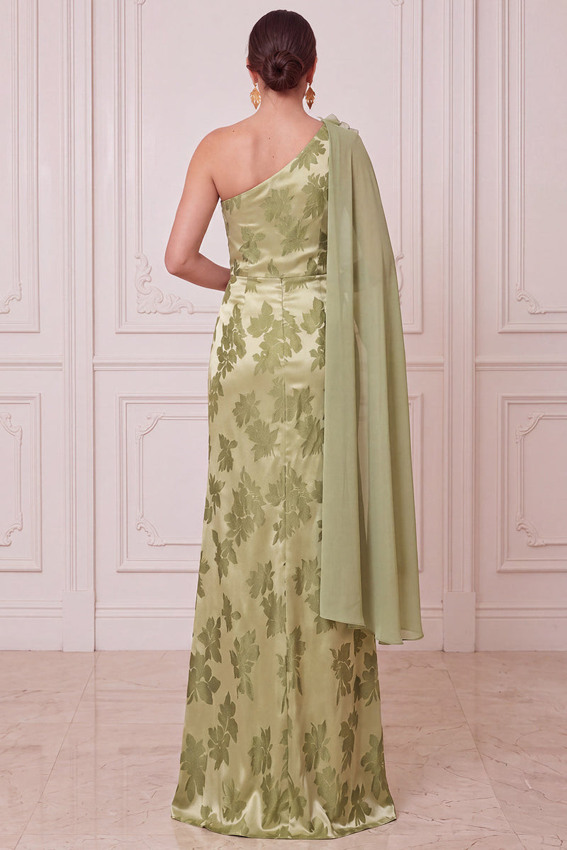Load image into Gallery viewer, Green Satin Sheath Floral One Shoulder Long Mother of the Bride Dress with Cape