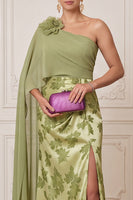 Load image into Gallery viewer, Green Satin Sheath Floral One Shoulder Long Mother of the Bride Dress with Cape