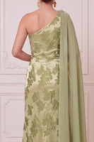Load image into Gallery viewer, Green Satin Sheath Floral One Shoulder Long Mother of the Bride Dress with Cape