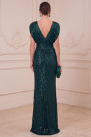 Load image into Gallery viewer, Sparkly Sequin Dark Green Sheath Ruched V-Neck Long Mother of the Bride Dress
