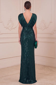 Sparkly Sequin Dark Green Sheath Ruched V-Neck Long Mother of the Bride Dress
