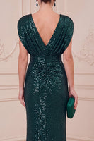 Load image into Gallery viewer, Sparkly Sequin Dark Green Sheath Ruched V-Neck Long Mother of the Bride Dress