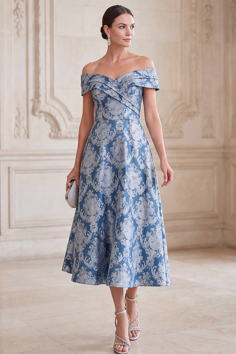Load image into Gallery viewer, Grey Blue A Line Floral Ruched Off the Shoulder Midi Mother of the Bride Dress