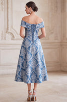 Load image into Gallery viewer, Grey Blue A Line Floral Ruched Off the Shoulder Midi Mother of the Bride Dress