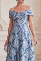 Load image into Gallery viewer, Grey Blue A Line Floral Ruched Off the Shoulder Midi Mother of the Bride Dress