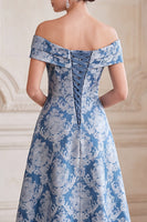 Load image into Gallery viewer, Grey Blue A Line Floral Ruched Off the Shoulder Midi Mother of the Bride Dress