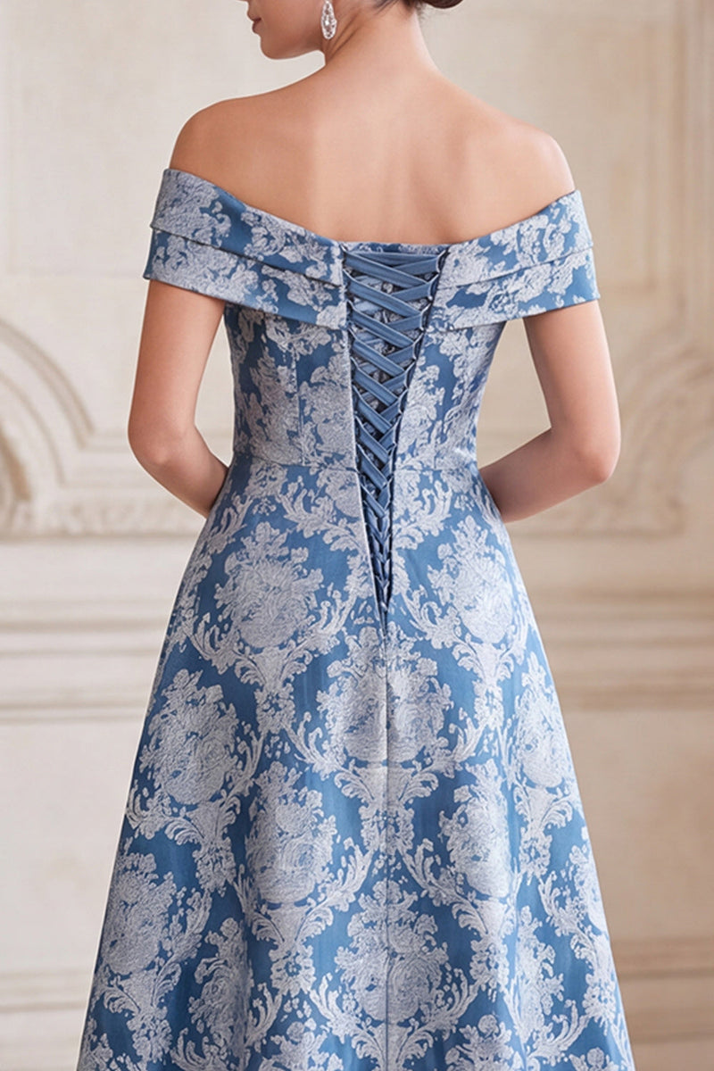 Load image into Gallery viewer, Grey Blue A Line Floral Ruched Off the Shoulder Midi Mother of the Bride Dress