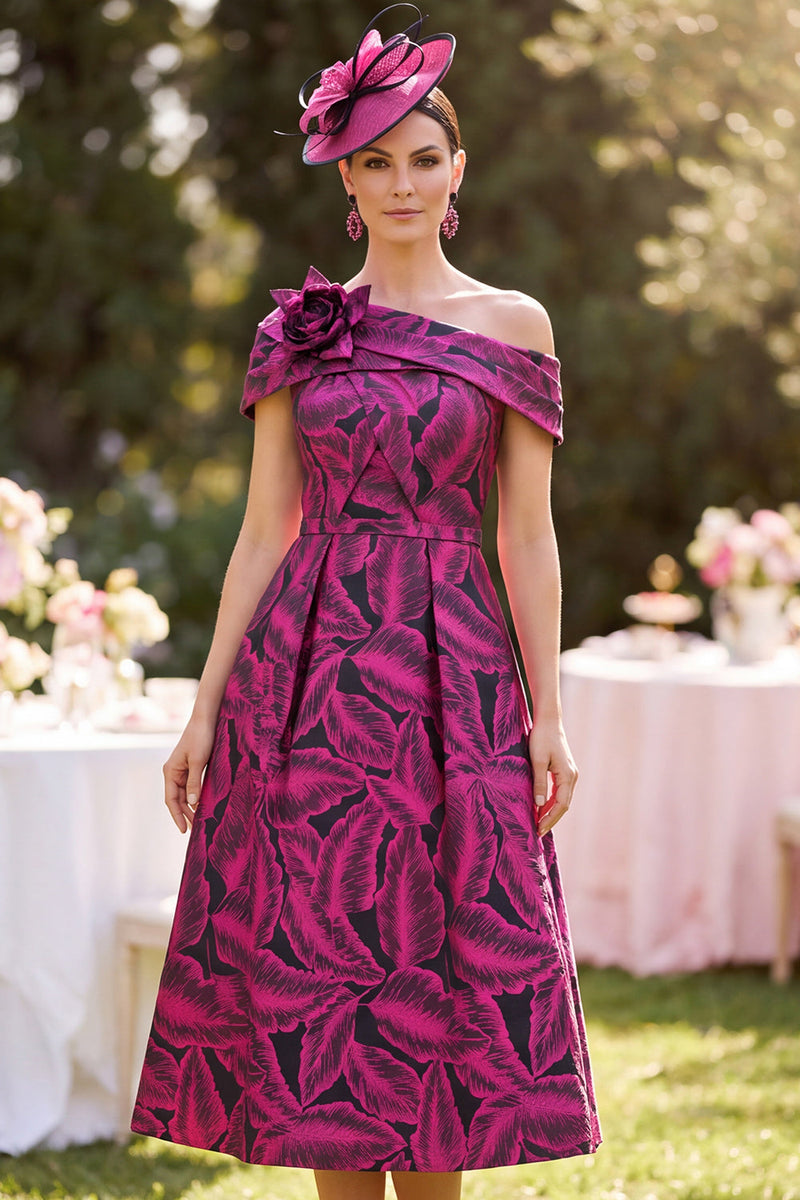 Load image into Gallery viewer, Fuchsia Ruched A Line Midi Mother of the Bride Dress with 3D Flower