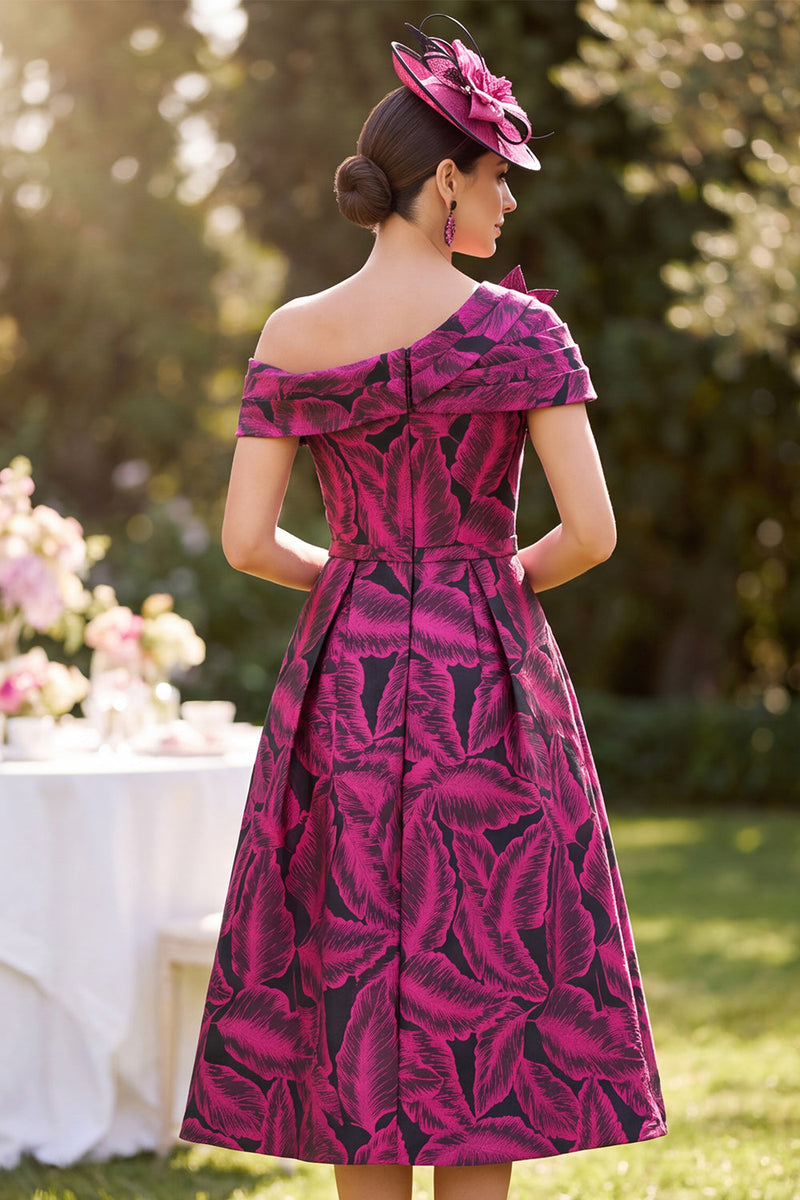 Load image into Gallery viewer, Fuchsia Ruched A Line Midi Mother of the Bride Dress with 3D Flower