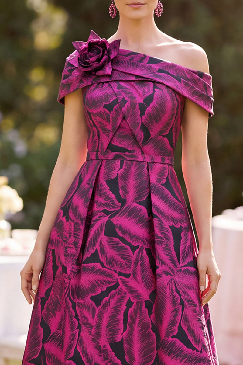 Load image into Gallery viewer, Fuchsia Ruched A Line Midi Mother of the Bride Dress with 3D Flower