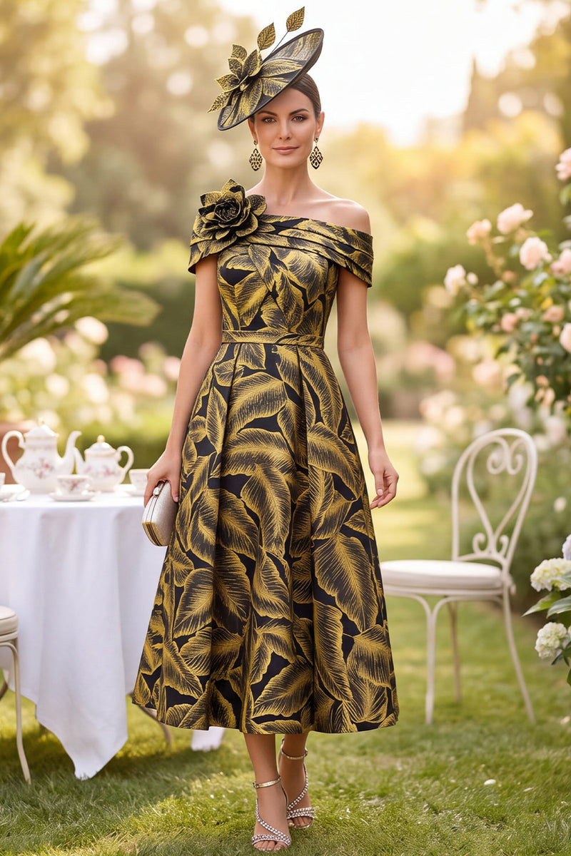 Load image into Gallery viewer, Fuchsia Ruched A Line Midi Mother of the Bride Dress with 3D Flower