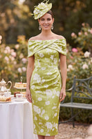 Load image into Gallery viewer, Tight Green Floral Ruched Midi Mother of the Bride Dress with Slit