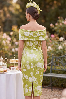 Tight Green Floral Ruched Midi Mother of the Bride Dress with Slit