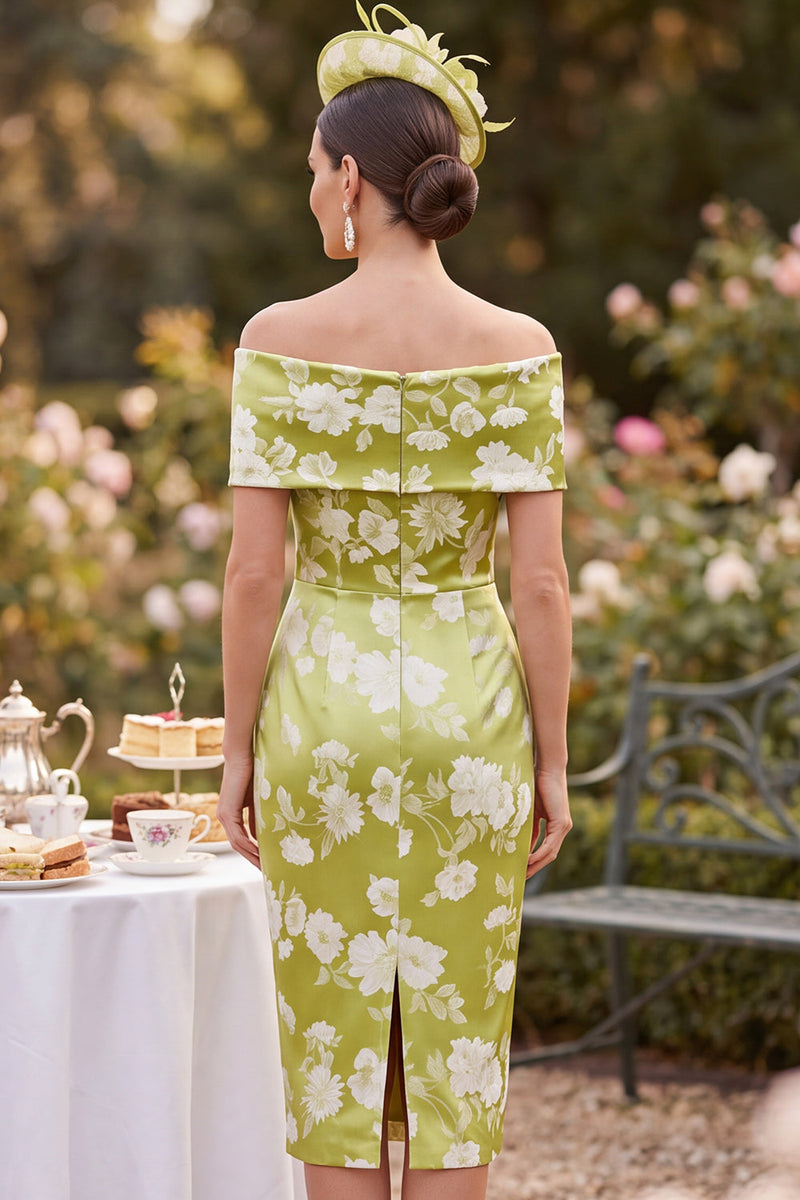 Load image into Gallery viewer, Tight Green Floral Ruched Midi Mother of the Bride Dress with Slit