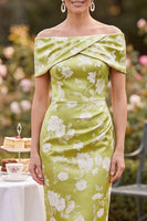 Load image into Gallery viewer, Tight Green Floral Ruched Midi Mother of the Bride Dress with Slit