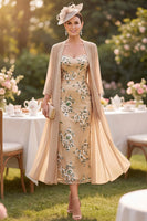 Load image into Gallery viewer, Sparkly Sequin Champagne Bodycon Floral Two Piece Midi Mother of the Bride Dress