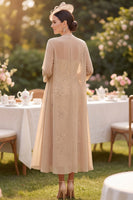 Load image into Gallery viewer, Sparkly Sequin Champagne Bodycon Floral Two Piece Midi Mother of the Bride Dress