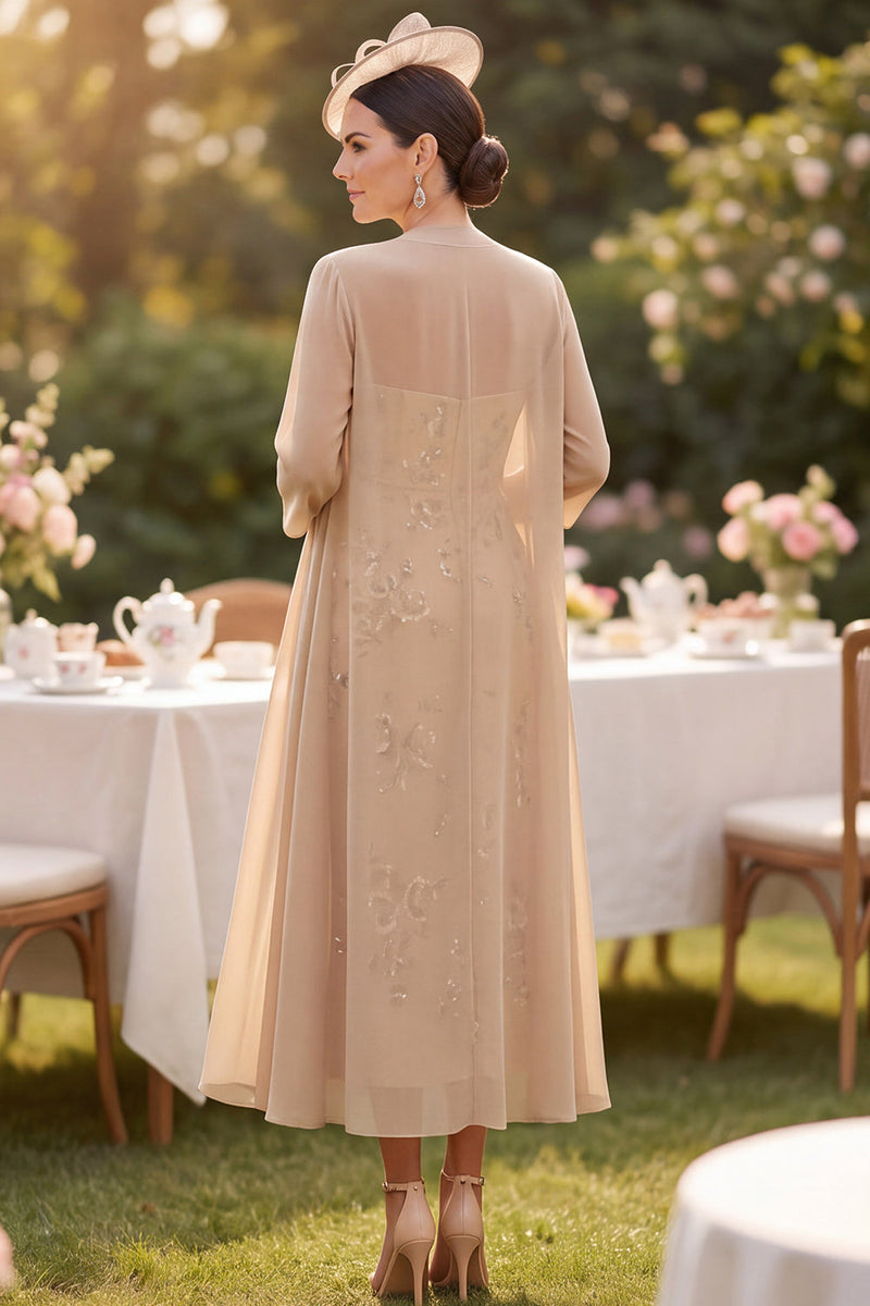 Load image into Gallery viewer, Sparkly Sequin Champagne Bodycon Floral Two Piece Midi Mother of the Bride Dress