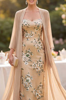 Load image into Gallery viewer, Sparkly Sequin Champagne Bodycon Floral Two Piece Midi Mother of the Bride Dress