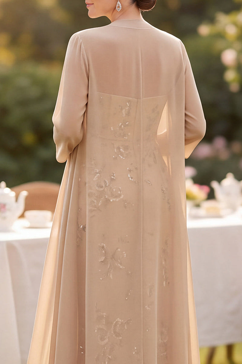Load image into Gallery viewer, Sparkly Sequin Champagne Bodycon Floral Two Piece Midi Mother of the Bride Dress