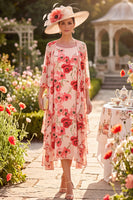 Load image into Gallery viewer, Red Flower Ruffled Chiffon A Line Two Piece Midi Mother of the Bride Dress