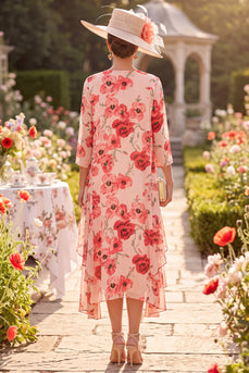 Red Flower Ruffled Chiffon A Line Two Piece Midi Mother of the Bride Dress