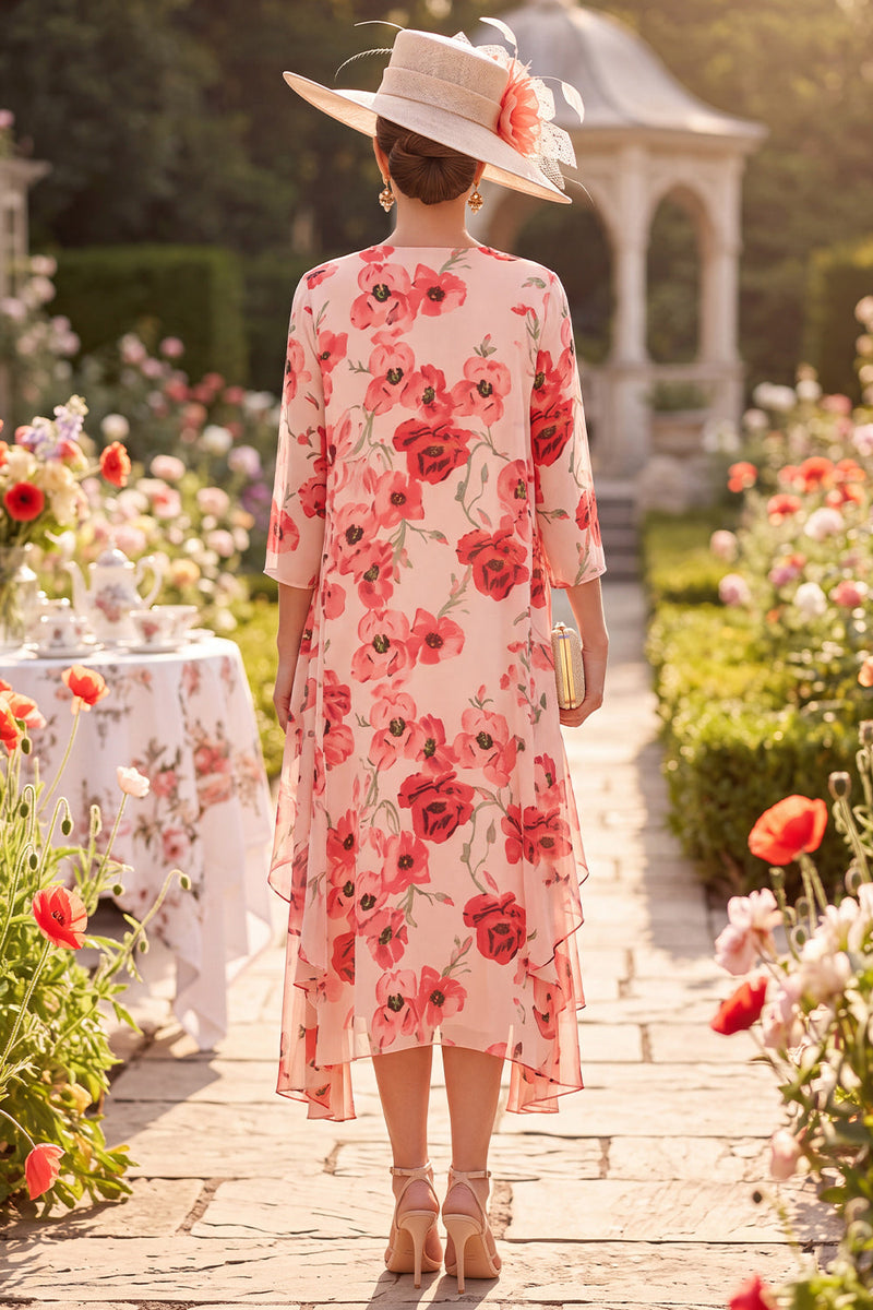 Load image into Gallery viewer, Red Flower Ruffled Chiffon A Line Two Piece Midi Mother of the Bride Dress