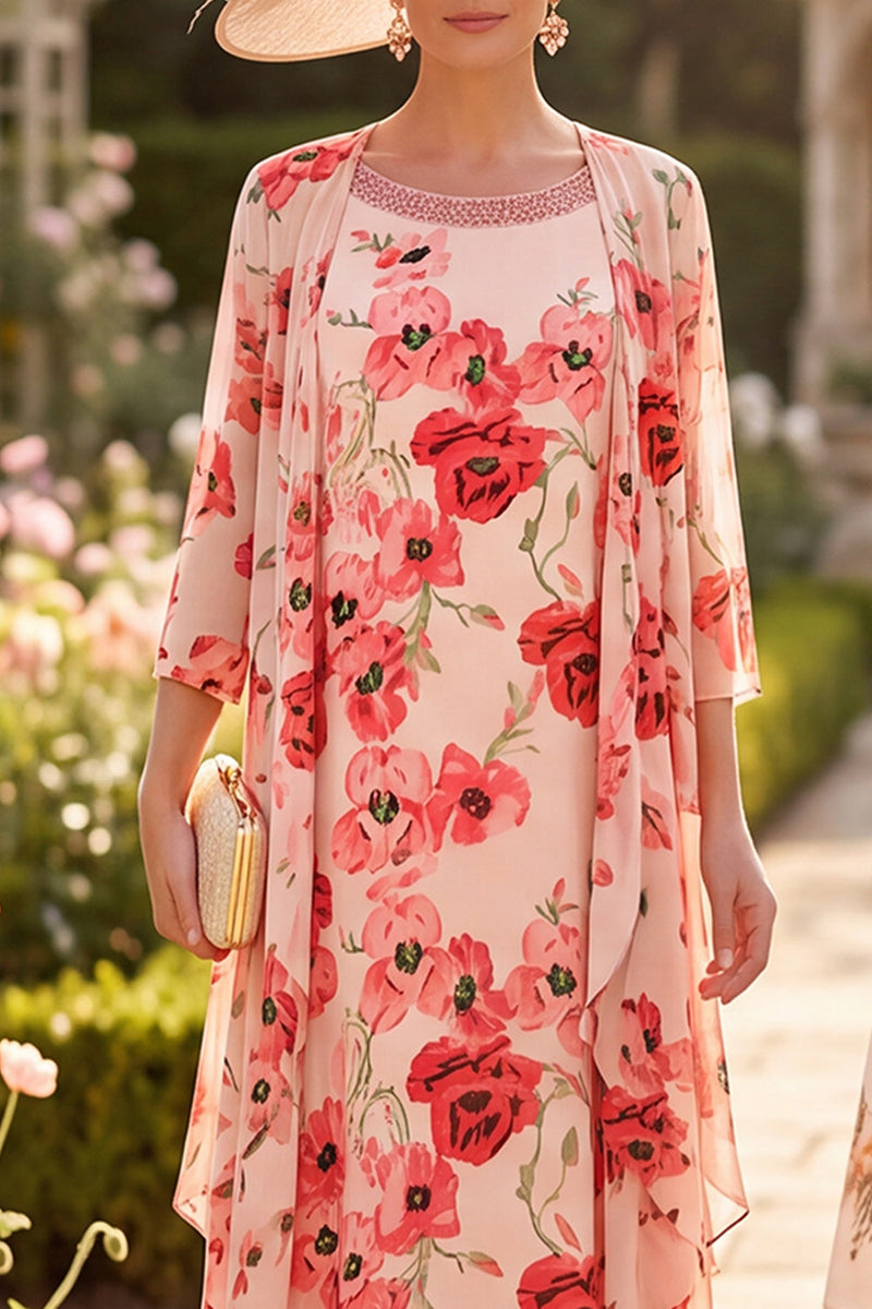 Load image into Gallery viewer, Red Flower Ruffled Chiffon A Line Two Piece Midi Mother of the Bride Dress