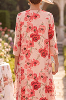 Load image into Gallery viewer, Red Flower Ruffled Chiffon A Line Two Piece Midi Mother of the Bride Dress