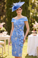 Load image into Gallery viewer, Ruched Blue Bodycon Ruffled Floral Midi Mother of the Bride Dress with Bow