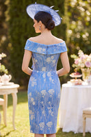 Load image into Gallery viewer, Ruched Blue Bodycon Ruffled Floral Midi Mother of the Bride Dress with Bow