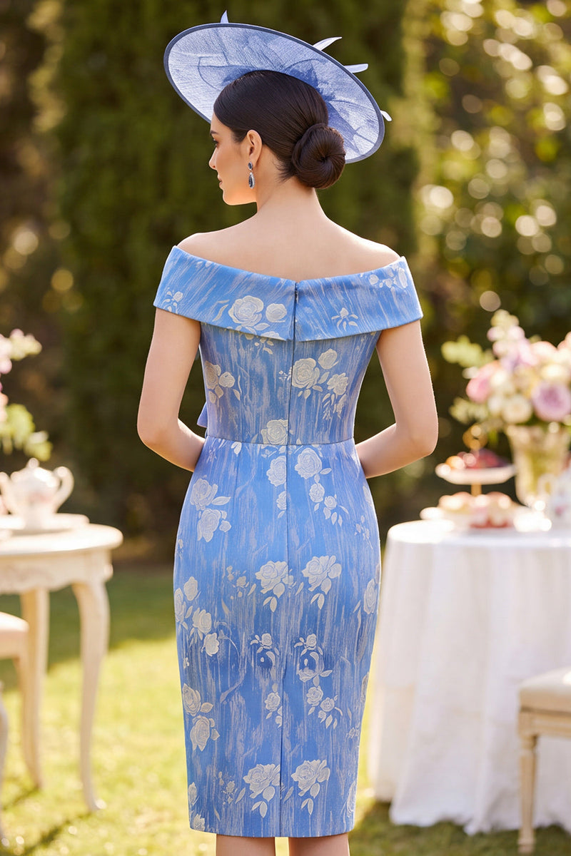 Load image into Gallery viewer, Ruched Blue Bodycon Ruffled Floral Midi Mother of the Bride Dress with Bow