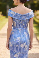 Load image into Gallery viewer, Ruched Blue Bodycon Ruffled Floral Midi Mother of the Bride Dress with Bow