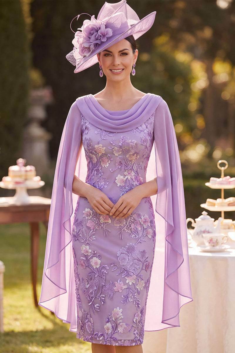 Load image into Gallery viewer, Purple Floral Tight Cowl Neck Midi Mother of the Bride Dress with Cape
