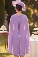 Load image into Gallery viewer, Purple Floral Tight Cowl Neck Midi Mother of the Bride Dress with Cape