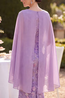 Load image into Gallery viewer, Purple Floral Tight Cowl Neck Midi Mother of the Bride Dress with Cape