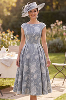 Load image into Gallery viewer, A Line Grey Floral Boat Neck Cap Sleeves Midi Mother of the Bride Dress