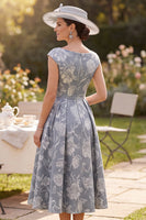 Load image into Gallery viewer, A Line Grey Floral Boat Neck Cap Sleeves Midi Mother of the Bride Dress