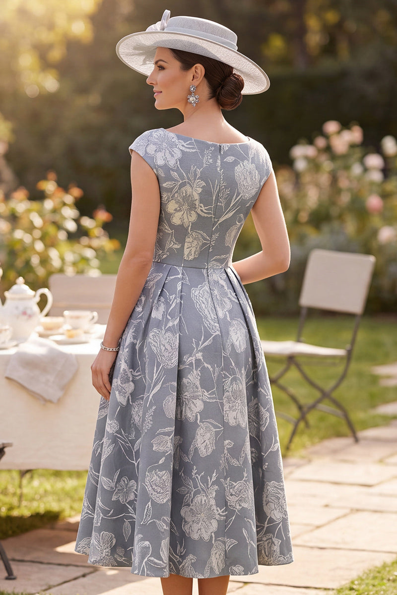 Load image into Gallery viewer, A Line Grey Floral Boat Neck Cap Sleeves Midi Mother of the Bride Dress