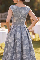 Load image into Gallery viewer, A Line Grey Floral Boat Neck Cap Sleeves Midi Mother of the Bride Dress