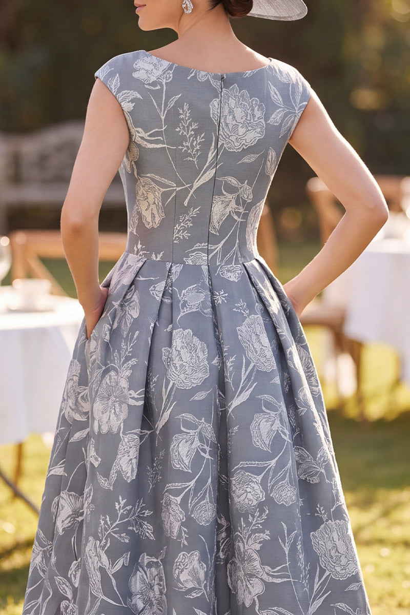 Load image into Gallery viewer, A Line Grey Floral Boat Neck Cap Sleeves Midi Mother of the Bride Dress